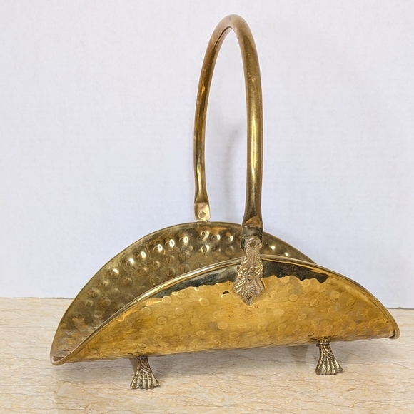 Vintage Other - Vintage Solid Brass Hammered Footed  Adjustable Handle Kindling Basket